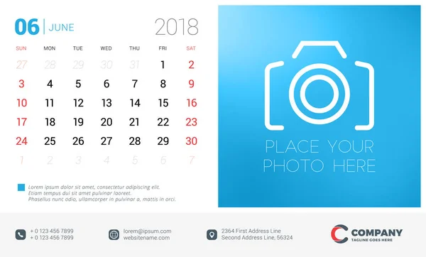 Calendar design template with place for photo. June 2018. Week starts on Sunday. Vector Illustration — Stock Vector