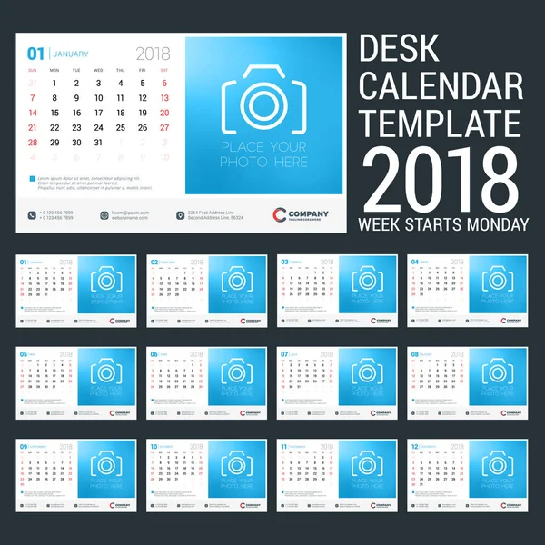 Επιτραπέζιο ημερολόγιο για το έτος 2018. Πρότυπο σχεδίασης με θέση για φωτογραφία. Εβδομάδα ξεκινά την Κυριακή. Σετ των 12 σελίδων. Εικονογράφηση διάνυσμα — Διανυσματικό Αρχείο