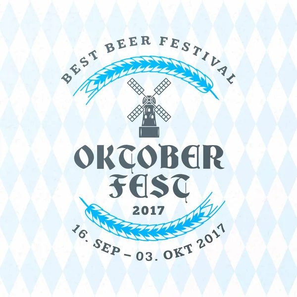 Φεστιβάλ Oktoberfest γιορτές μπύρας. Εκλεκτής ποιότητας μπύρα σήμα στο φόντο παραδοσιακή βαυαρική σημαία λινό — Διανυσματικό Αρχείο