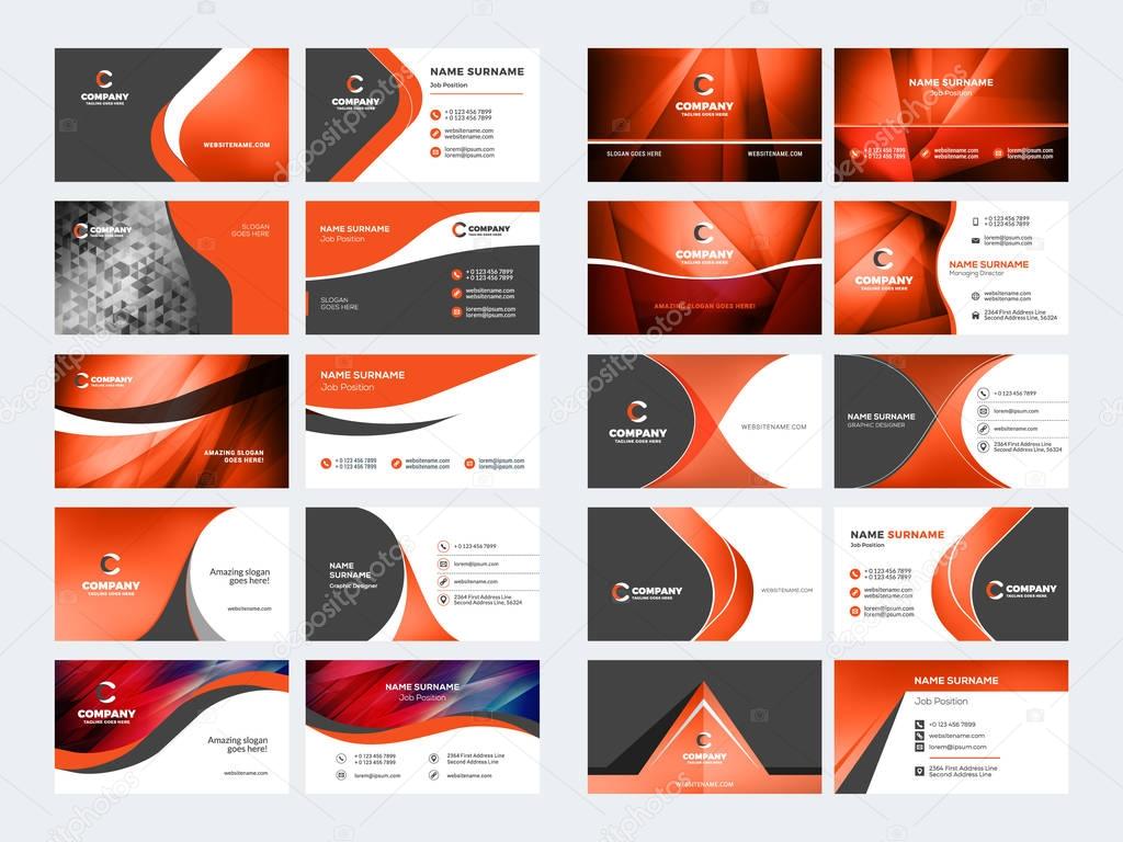 Double sided business card templates. Red color theme. Stationery design vector set. Vector illustration