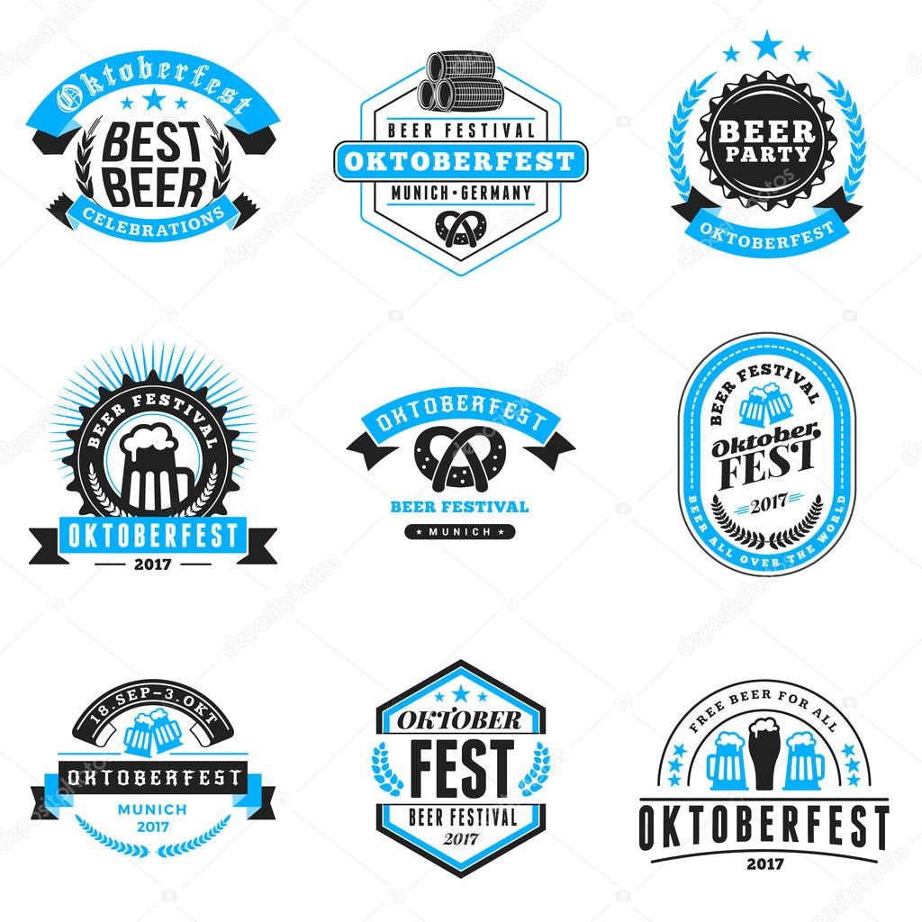 Beer festival Oktoberfest celebrations. Set of retro vintage beer badges, labels, logos for bar, pub, beer party. Vector design elements