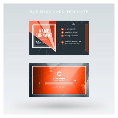 Yaratıcı ve temiz çift taraflı kartvizit vektör arka plan şablonu. Kırmızı ve siyah renk teması. Düz tasarım vektör mockup. İleti örneği tasarım