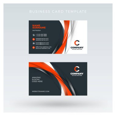 Yaratıcı ve temiz çift taraflı kartvizit vektör arka plan şablonu. Kırmızı ve siyah renk teması. Düz tasarım vektör mockup. İleti örneği tasarım