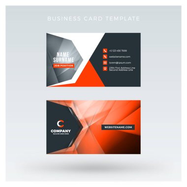 Yaratıcı ve temiz çift taraflı kartvizit vektör arka plan şablonu. Kırmızı ve siyah renk teması. Düz tasarım vektör mockup. İleti örneği tasarım