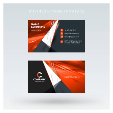 Yaratıcı ve temiz çift taraflı kartvizit vektör arka plan şablonu. Kırmızı ve siyah renk teması. Düz tasarım vektör mockup. İleti örneği tasarım