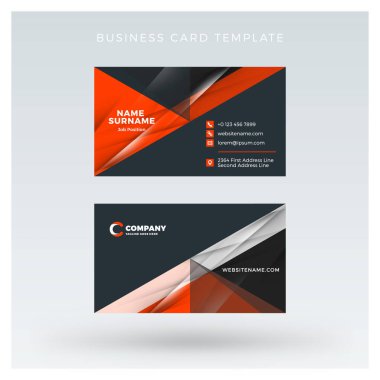 Yaratıcı ve temiz çift taraflı kartvizit vektör arka plan şablonu. Kırmızı ve siyah renk teması. Düz tasarım vektör mockup. İleti örneği tasarım