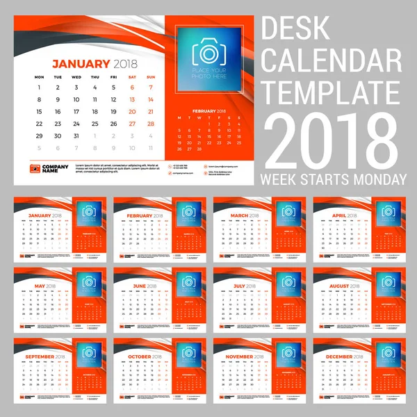 Skrivbord Kalender för 2018 år. Design utskriftsmall med abstrakt bakgrund. Plats för foto. Röda och svarta färger. Två månader på sidan. Veckan börjar på måndag. Vektorillustration — Stock vektor