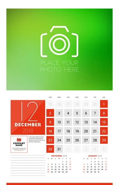 Wall Calendar Template for 2018 Year. December. Vector Design Print Template with Place for Photo. Week starts on Sunday — Stock Vector