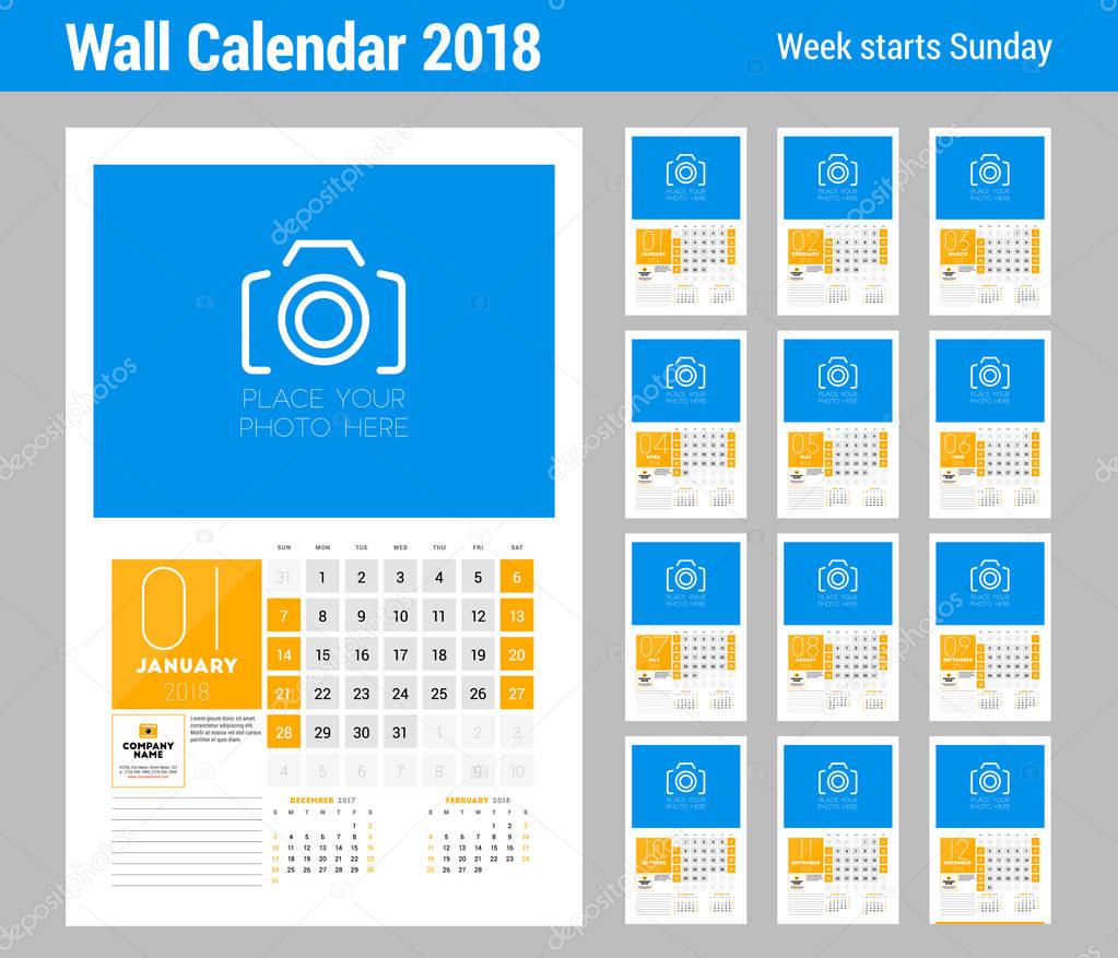 Wall Calendar Template for 2018 Year. Set of 12 Months. Vector Design Print Template with Place for Photo. Week starts on Sunday