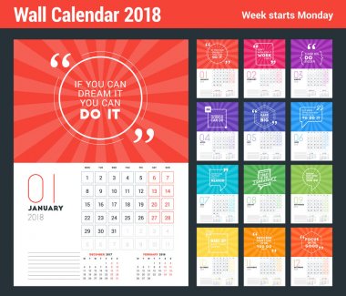 Duvar takvimi şablonunu 2018 yıl için. Vektör tasarım renk arka plan üzerinde tipografik motivasyonel teklif yazdırma şablonu. Hafta Pazartesi günü başlar