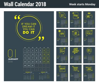 Duvar takvimi şablonunu 2018 yıl için. Vektör tasarım koyu arka plan üzerinde tipografik motivasyonel teklif yazdırma şablonu. Hafta Pazartesi günü başlar