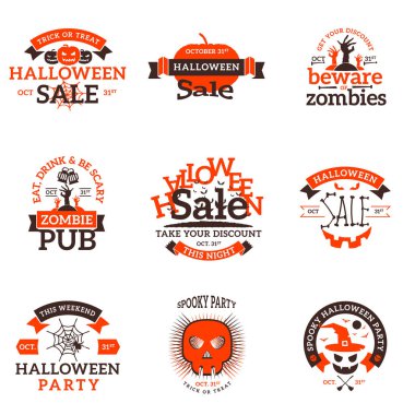 Mutlu Cadılar Bayramı rozetleri kümesi. Vektör tasarım öğeleri için tebrik kartı, parti el ilanı ve promosyon malzemeleri. Vektör çizim