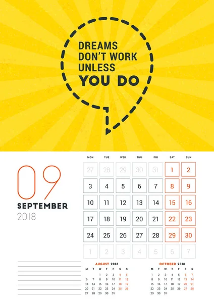 Vägg kalendermall för September 2018. Vektor Design utskriftsmall med typografiska motiverande citat på gula texturerat bakgrund. Veckan börjar på måndag — Stock vektor