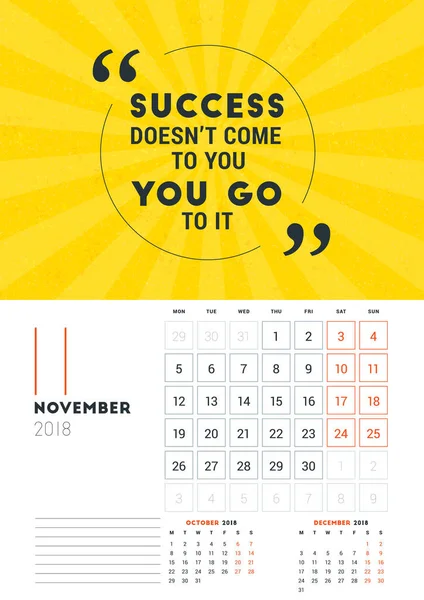 Wall Calendar Template for November 2018. Vector Design Print Template with Typographic Motivational Quote on Yellow Textured Background. Week starts on Monday — Stock Vector