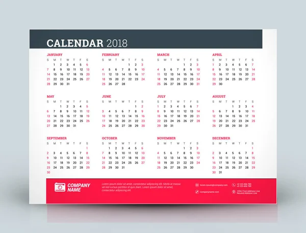 Vector calendar poster for 2018 Year. Week starts on Sunday. Stationery design template — Stock Vector