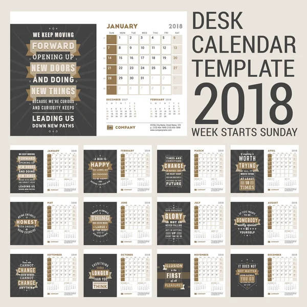 Templat Kalender Meja untuk Tahun 2018. Templat dengan Motivational Quote. Set 12 Bulan. Minggu dimulai pada hari Minggu. Ilustrasi Vektor - Stok Vektor