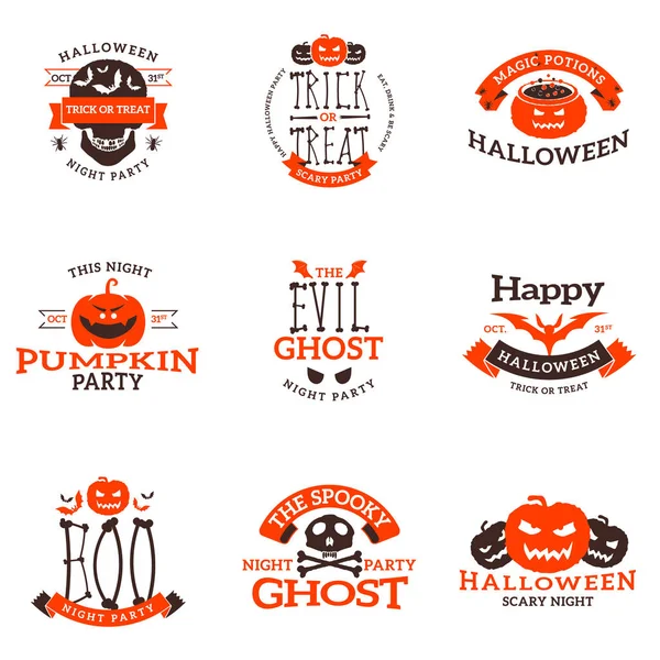 Set di distintivi di Halloween felici. Elementi di design vettoriale per biglietti di auguri, volantini e materiali promozionali. Illustrazione vettoriale — Vettoriale Stock