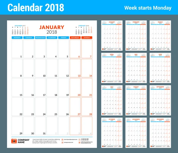 Шаблон проектирования календаря на 2018 год. Портретная ориентация. Неделя начинается в понедельник. Канцелярский дизайн. Комплект из 12 месяцев — стоковый вектор