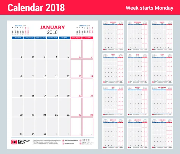 Planerare design kalendermall för 2018 år. Stående orientering. Veckan börjar på måndag. Pappersvaror design. Uppsättning av 12 månader — Stock vektor