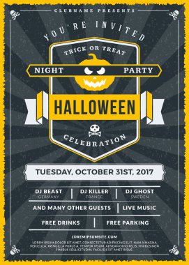 Cadılar Bayramı kutlamaları. Dokulu arka plan Vintage etiketinde. Cadılar Bayramı partisi için tipografi poster veya el ilanı şablonu