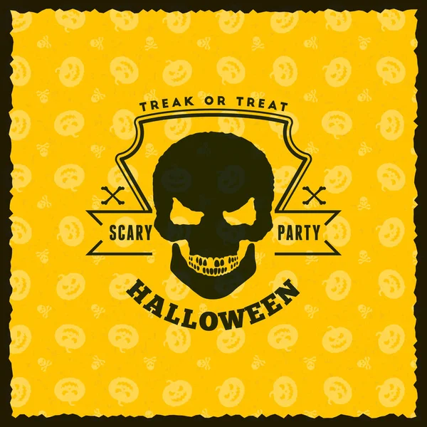 Buon Halloween Badge, adesivo, etichetta con sfondo giallo senza cuciture. Elemento di design per biglietto di auguri o volantino. Illustrazione vettoriale — Vettoriale Stock