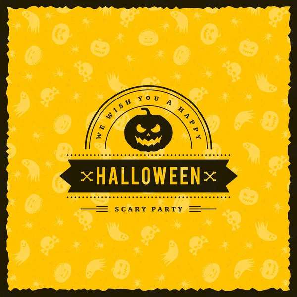 Šťastný Halloween odznak, štítek, štítek s bezproblémovou žlutým pozadím. Designový prvek pro blahopřání nebo Pozvánka na oslavu. Vektorové ilustrace — Stockový vektor