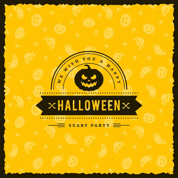 Happy Halloween Badge, autocollant, étiquette avec fond jaune sans couture. Élément de conception pour carte de vœux ou flyer de fête. Illustration vectorielle — Image vectorielle