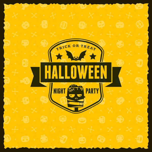 Buon Halloween Badge, adesivo, etichetta con sfondo giallo senza cuciture. Elemento di design per biglietto di auguri o volantino. Illustrazione vettoriale — Vettoriale Stock