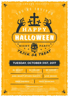 Cadılar Bayramı kutlamaları. Dokulu arka plan Vintage etiketinde. Cadılar Bayramı partisi için tipografi poster veya el ilanı şablonu