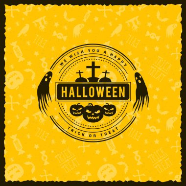 Mutlu Cadılar Bayramı rozet, etiket, etiket kesintisiz sarı arka plana sahip. Tasarım öğesi için tebrik kartı veya parti el ilanı. Vektör çizim