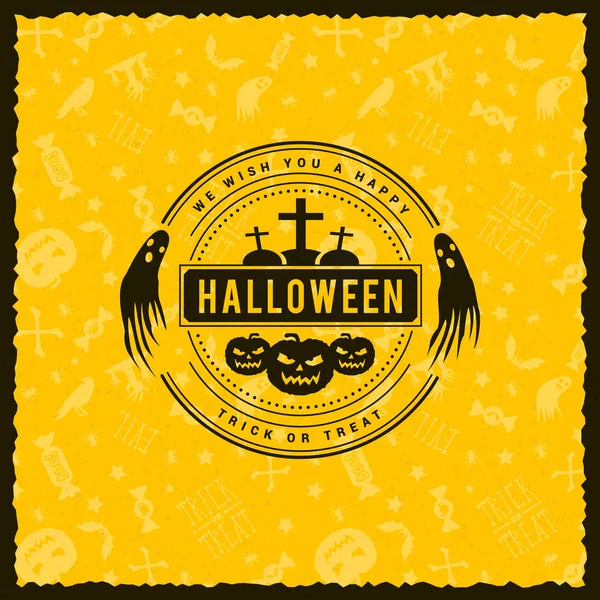 Fröhliche Halloween-Abzeichen, Aufkleber, Etikett mit nahtlosem gelben Hintergrund. Gestaltungselement für Grußkarte oder Partyflyer. Vektorillustration — Stockvektor