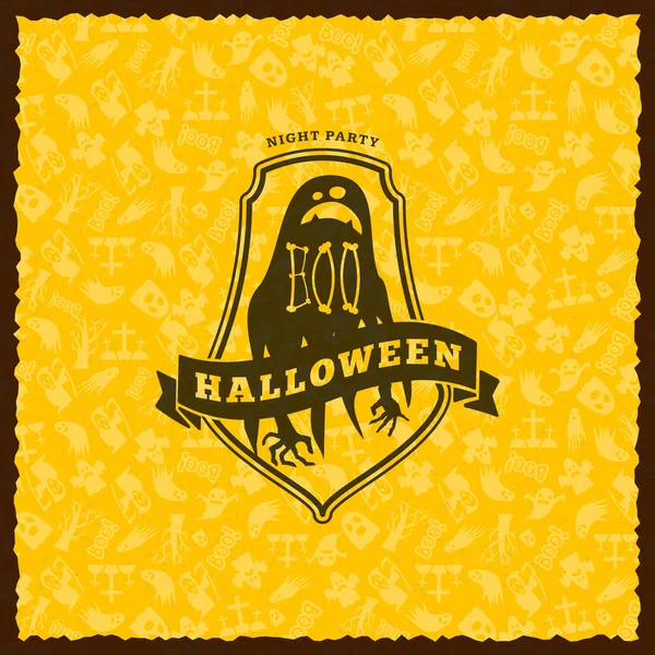 Emblema de Halloween feliz, adesivo, rótulo com fundo amarelo sem costura. Elemento de design para cartão de saudação ou panfleto do partido. Ilustração vetorial — Vetor de Stock