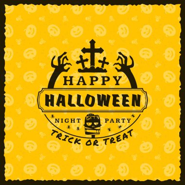 Mutlu Cadılar Bayramı rozet, etiket, etiket kesintisiz sarı arka plana sahip. Tasarım öğesi için tebrik kartı veya parti el ilanı. Vektör çizim