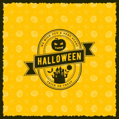 Mutlu Cadılar Bayramı rozet, etiket, etiket kesintisiz sarı arka plana sahip. Tasarım öğesi için tebrik kartı veya parti el ilanı. Vektör çizim