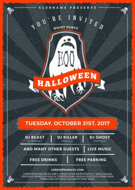 Cadılar Bayramı kutlamaları. Dokulu arka plan Vintage etiketinde. Cadılar Bayramı partisi için tipografi poster veya el ilanı şablonu