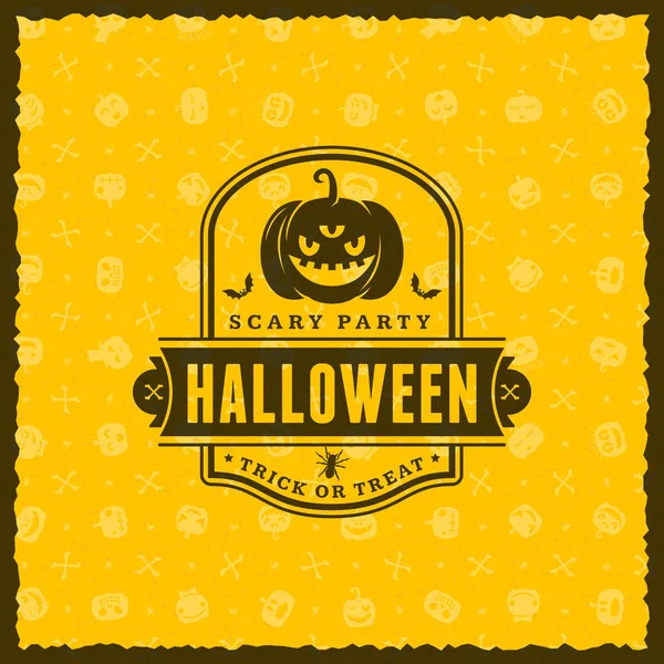 Buon Halloween Badge, adesivo, etichetta con sfondo giallo senza cuciture. Elemento di design per biglietto di auguri o volantino. Illustrazione vettoriale — Vettoriale Stock