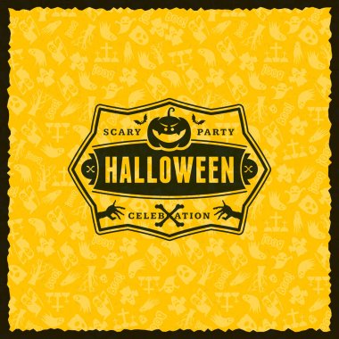 Mutlu Cadılar Bayramı rozet, etiket, etiket kesintisiz sarı arka plana sahip. Tasarım öğesi için tebrik kartı veya parti el ilanı. Vektör çizim