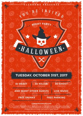 Cadılar Bayramı kutlamaları. Dokulu arka plan Vintage etiketinde. Cadılar Bayramı partisi için tipografi poster veya el ilanı şablonu