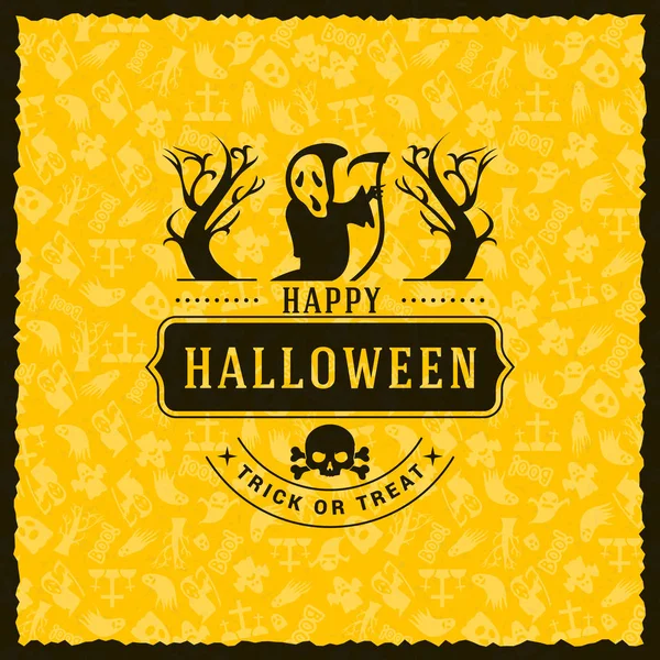 Happy Halloween Badge, sticker, label met naadloze gele achtergrond. Ontwerpelement voor wenskaart of partij folder. Vectorillustratie — Stockvector