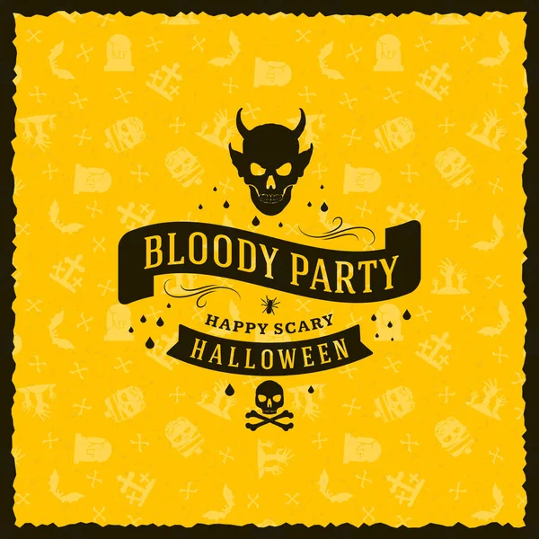 Buon Halloween Badge, adesivo, etichetta con sfondo giallo senza cuciture. Elemento di design per biglietto di auguri o volantino. Illustrazione vettoriale — Vettoriale Stock