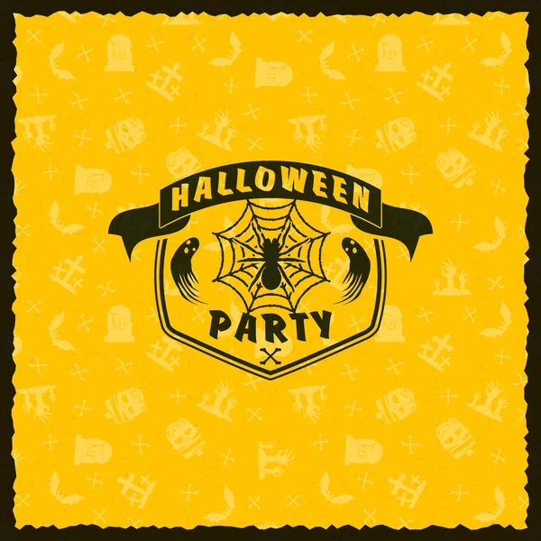 Emblema de Halloween feliz, adesivo, rótulo com fundo amarelo sem costura. Elemento de design para cartão de saudação ou panfleto do partido. Ilustração vetorial — Vetor de Stock