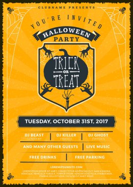 Cadılar Bayramı kutlamaları. Dokulu arka plan Vintage etiketinde. Cadılar Bayramı partisi için tipografi poster veya el ilanı şablonu