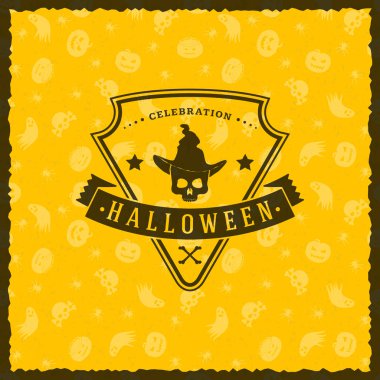 Mutlu Cadılar Bayramı rozet, etiket, etiket kesintisiz sarı arka plana sahip. Tasarım öğesi için tebrik kartı veya parti el ilanı. Vektör çizim