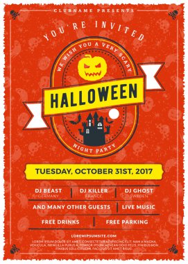 Cadılar Bayramı kutlamaları. Dokulu arka plan Vintage etiketinde. Cadılar Bayramı partisi için tipografi poster veya el ilanı şablonu