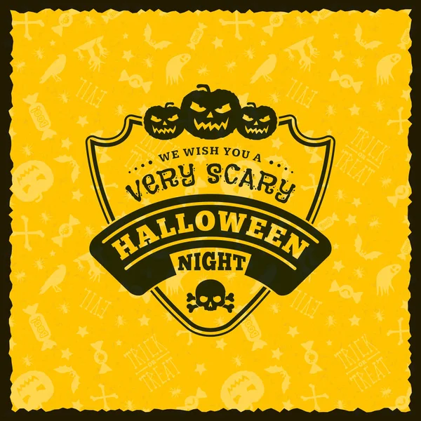 Emblema de Halloween feliz, adesivo, rótulo com fundo amarelo sem costura. Elemento de design para cartão de saudação ou panfleto do partido. Ilustração vetorial —  Vetores de Stock