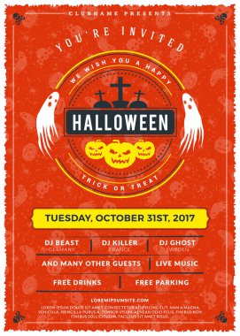 Cadılar Bayramı kutlamaları. Dokulu arka plan Vintage etiketinde. Cadılar Bayramı partisi için tipografi poster veya el ilanı şablonu