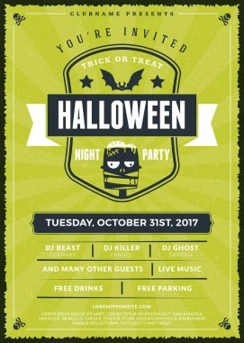 Cadılar Bayramı kutlamaları. Dokulu arka plan Vintage etiketinde. Cadılar Bayramı partisi için tipografi poster veya el ilanı şablonu