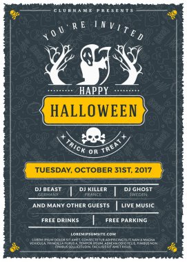 Cadılar Bayramı kutlamaları. Dokulu arka plan Vintage etiketinde. Cadılar Bayramı partisi için tipografi poster veya el ilanı şablonu