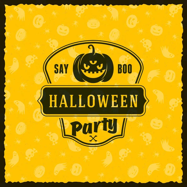 Emblema de Halloween feliz, adesivo, rótulo com fundo amarelo sem costura. Elemento de design para cartão de saudação ou panfleto do partido. Ilustração vetorial — Vetor de Stock