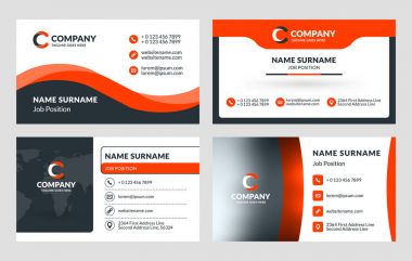 4 kartvizit şablonları kümesi. Düz tasarım vektör çizim. İleti örneği tasarımı. Kırmızı ve siyah renk teması